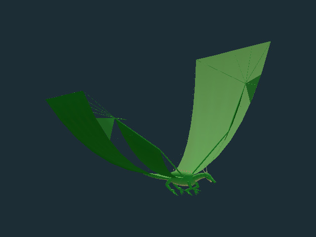 An early green procedural dragon with large angular wings, preserved from the September 2026 prototype
