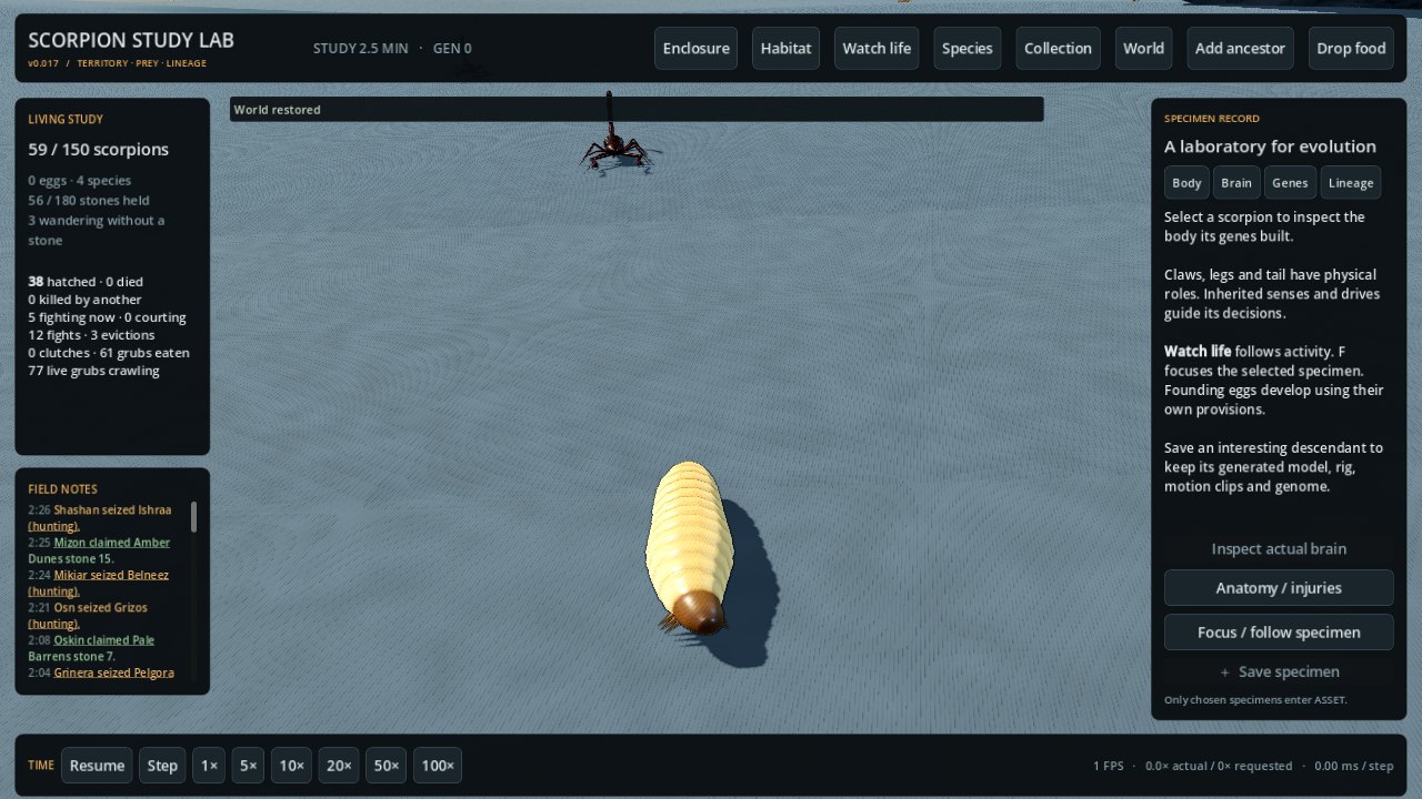 A segmented feeder grub crawling across the sand while a scorpion approaches
